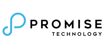 Alstor SDS logo z nazwą firmy PROMISE TECHNOLOGY w kolorze czarnym, z lewej strony znajduje się niebieski element graficzny przypominający symbol nieskończoności