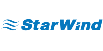 Alstor SDS logo z niebieską nazwą firmy StarWind, element graficzny to trzy niebieski fale umieszczone po lewej stronie napisu