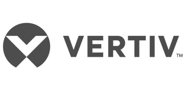 Alstor SDS logo firmy Vertiv. Nazwa firmy pisana dużymi literami, element graficzny to litera V wpisana w szary okrąg.